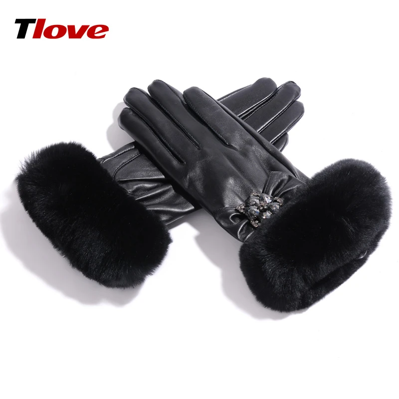 6402+tlove女士加厚绒里真皮手套兔毛冬季保暖女