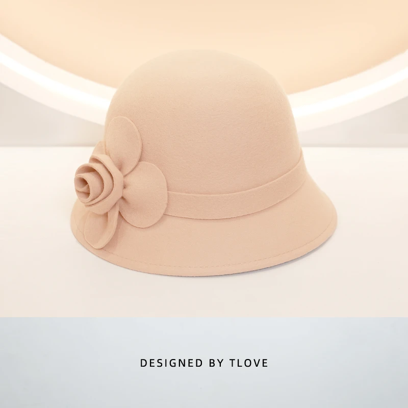 9705+TLOVE 新款时尚百搭卷边圆顶花朵画家盆帽