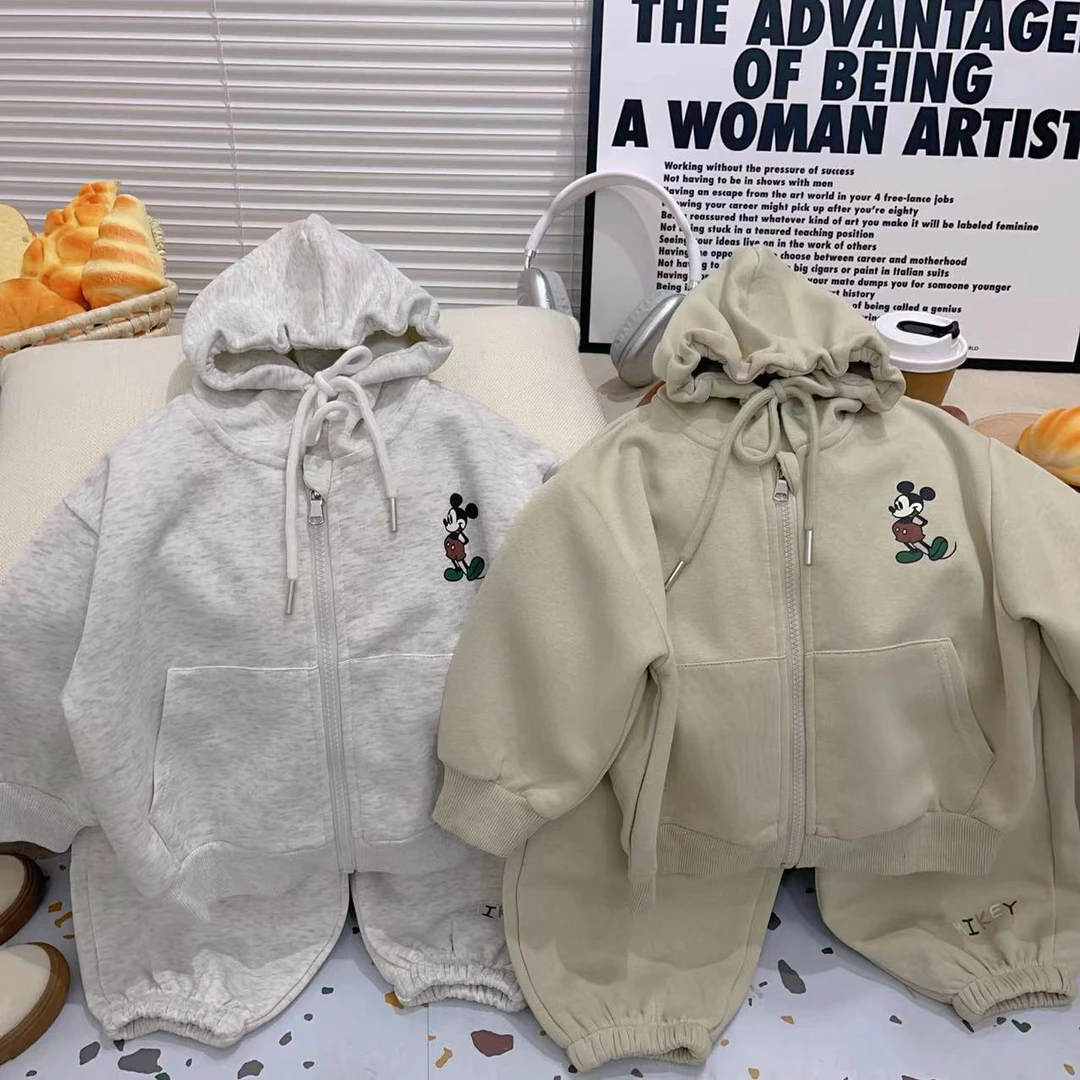 儿童卫衣套装2025春款新品男童连帽女宝宝韩版休闲米奇印花两件套