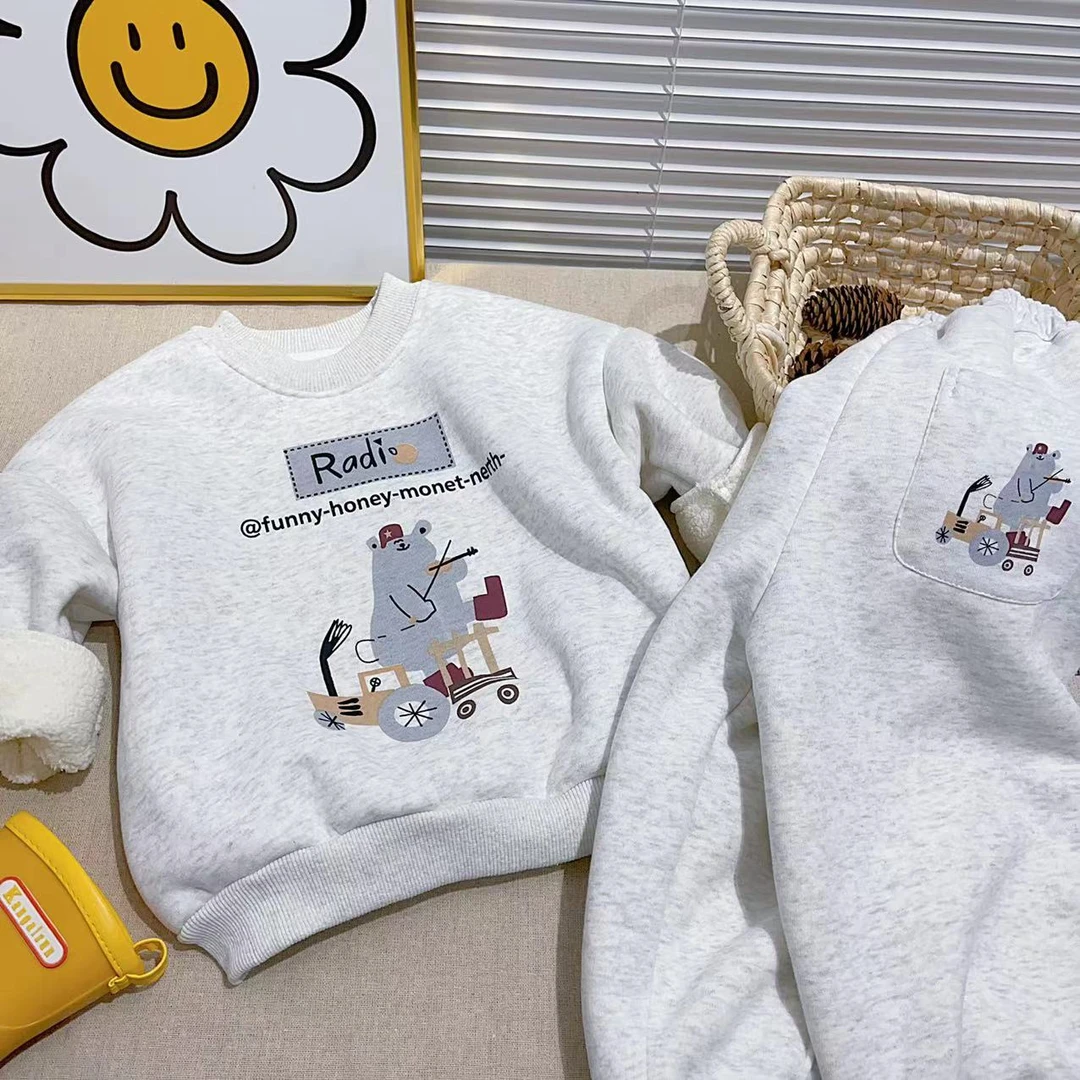 儿童加绒套装2024冬款男女童韩版休闲卡通卫衣套装百搭冬季两件套