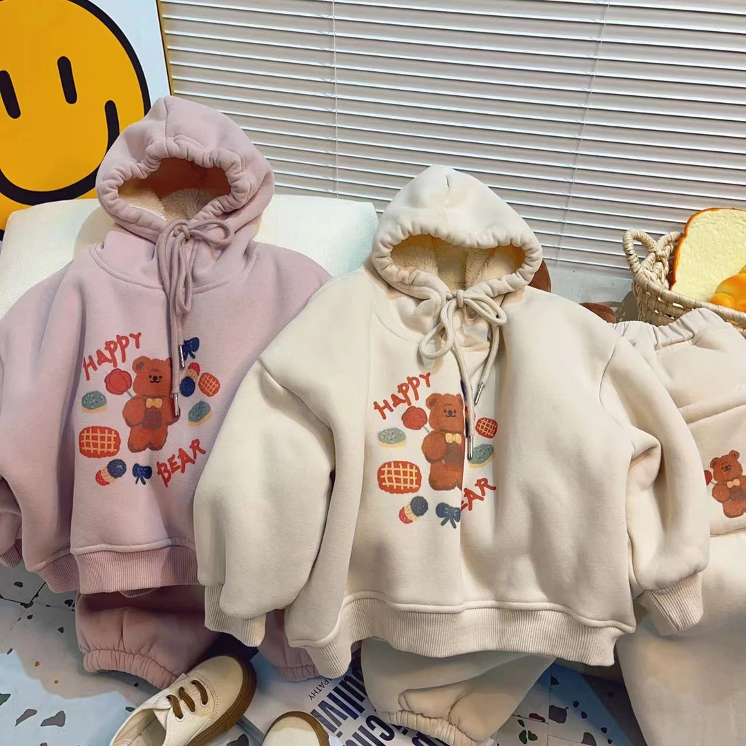 儿童加绒套装2024新品冬款男女童韩版卫衣冬季小熊印花百搭两件套