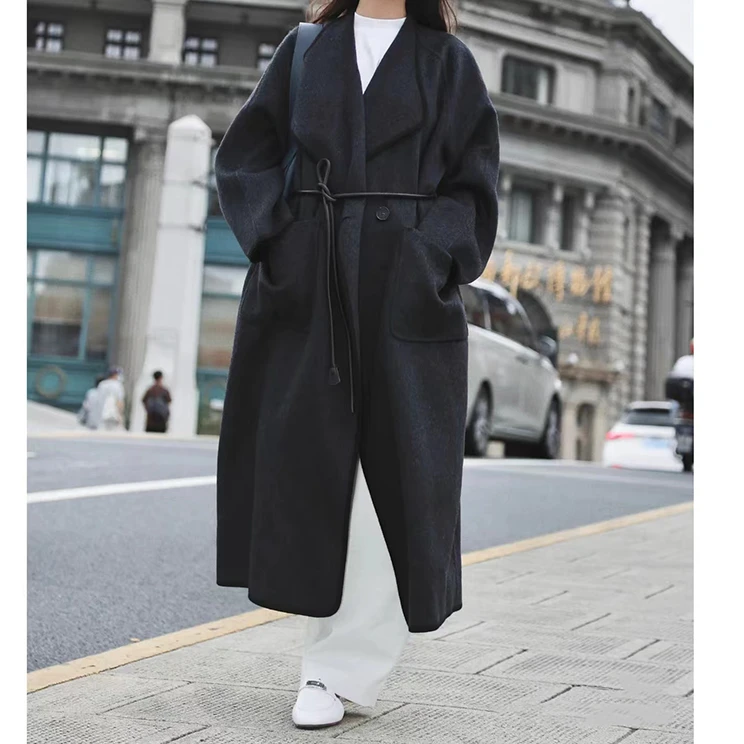 宝丫轻奢  女式通勤气质大翻领系腰带长款毛呢大衣K267