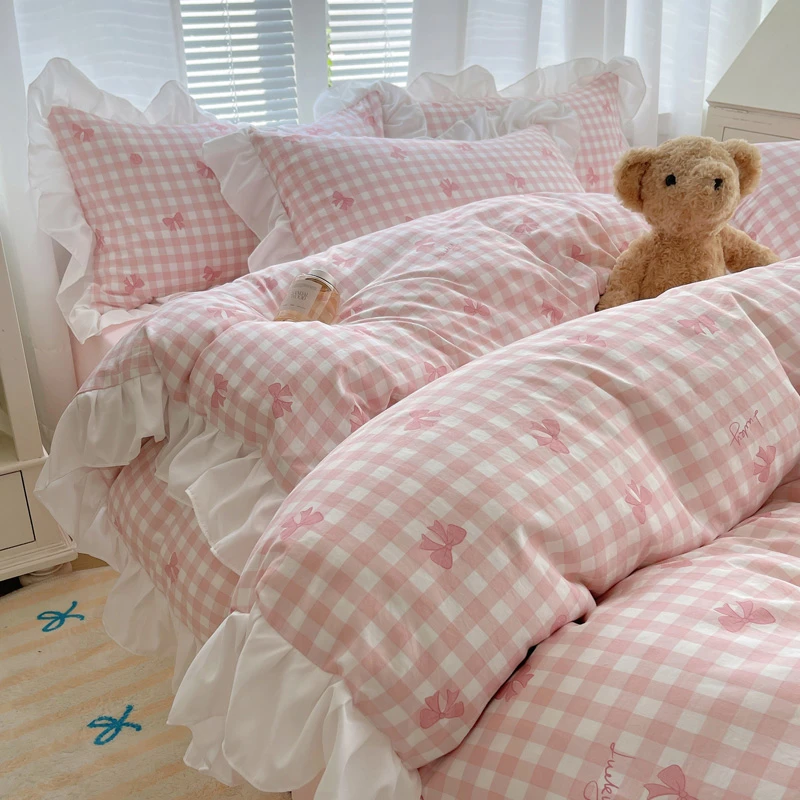 春秋韩式公主风小清新床上四件套床笠款荷叶边被套宿舍单人三件套