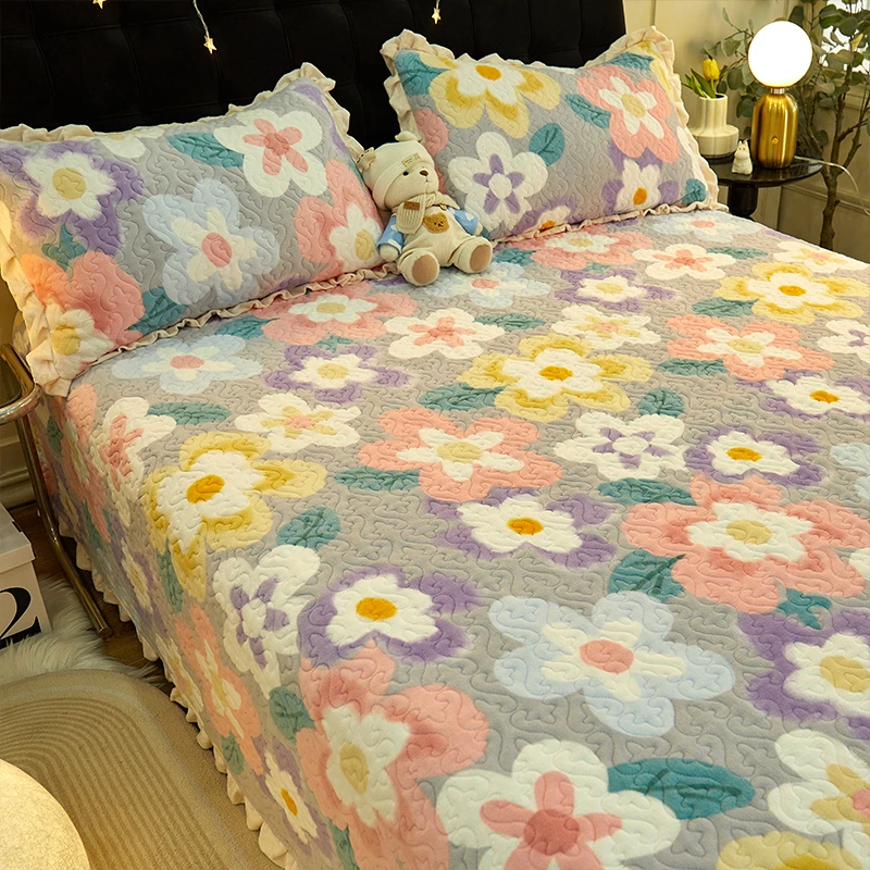 冬季加绒加厚牛奶绒床盖单件珊瑚绒榻榻米绗缝床单三件套双人炕单