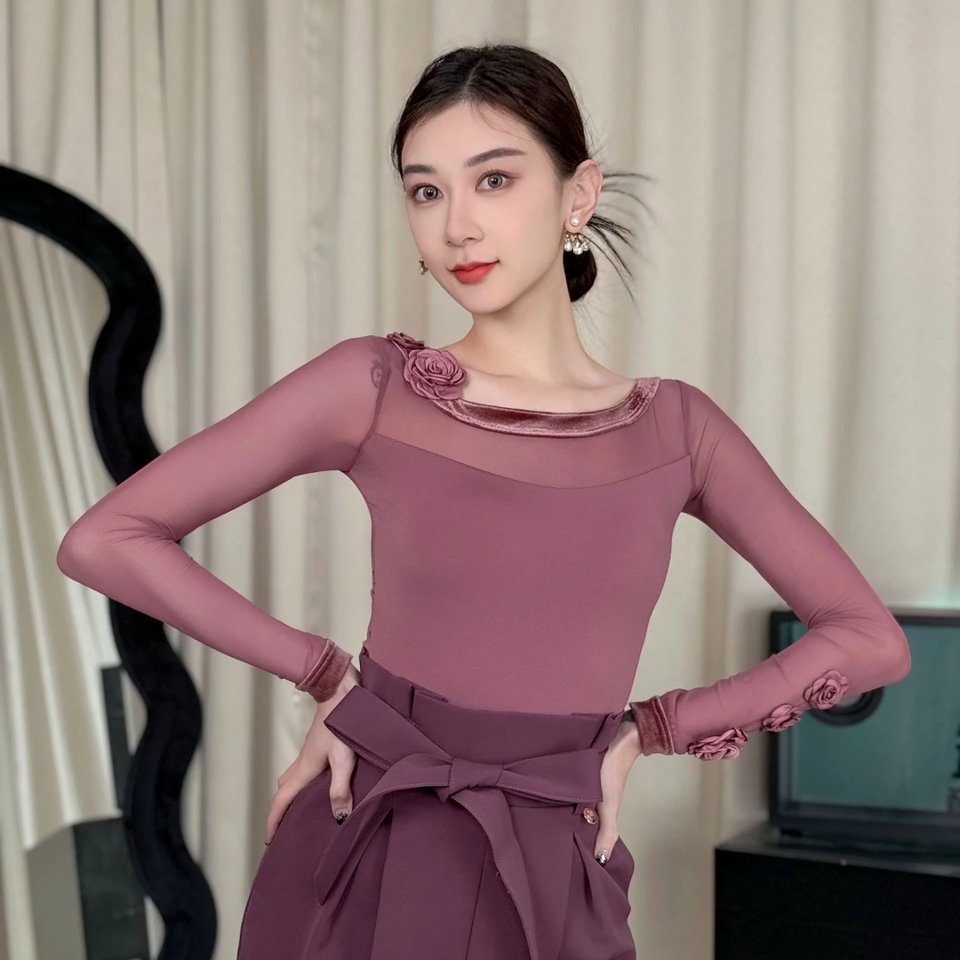 丹珍国标舞上衣新款女交谊舞摩登上装表演玫瑰花舞衣紫色舞衣M06