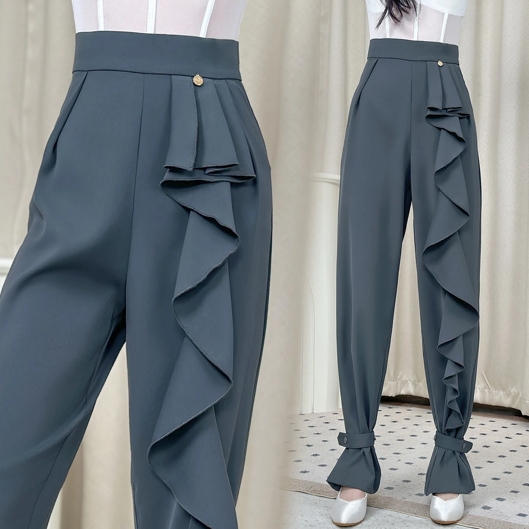 【新到秋款】丹珍舞女高腰跳舞国标舞摩登舞蹈交谊舞荷叶边裤子MK07