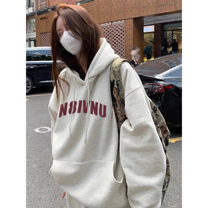【z】欧美风宽松连帽卫衣女生2023秋冬季外穿新款长袖加绒字母上衣