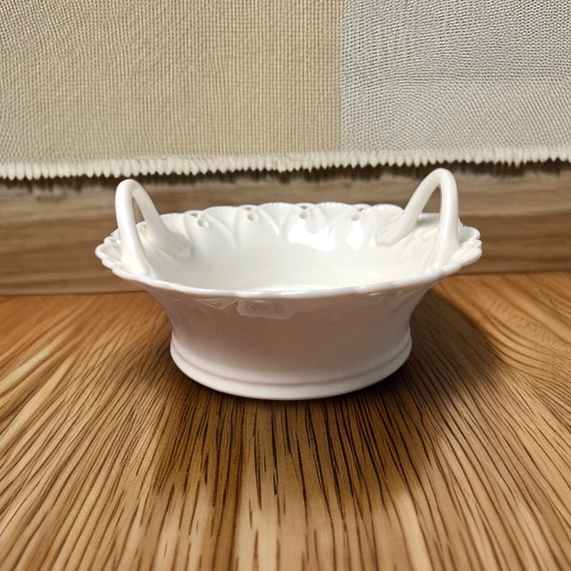 珠点双耳雨滴盘陶瓷纯白白瓷手工家用手绘高脚汤盘