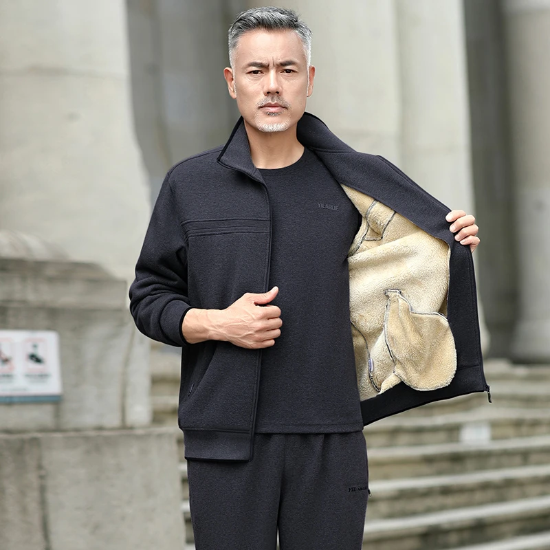 爸爸秋冬装套装加绒加厚中老年男装羊羔绒运动服老年爷爷保暖衣服