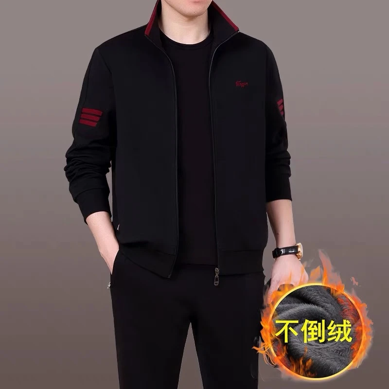 中年人运动服套装男秋冬爸爸装运动套装男冬季加绒加厚父亲休闲装