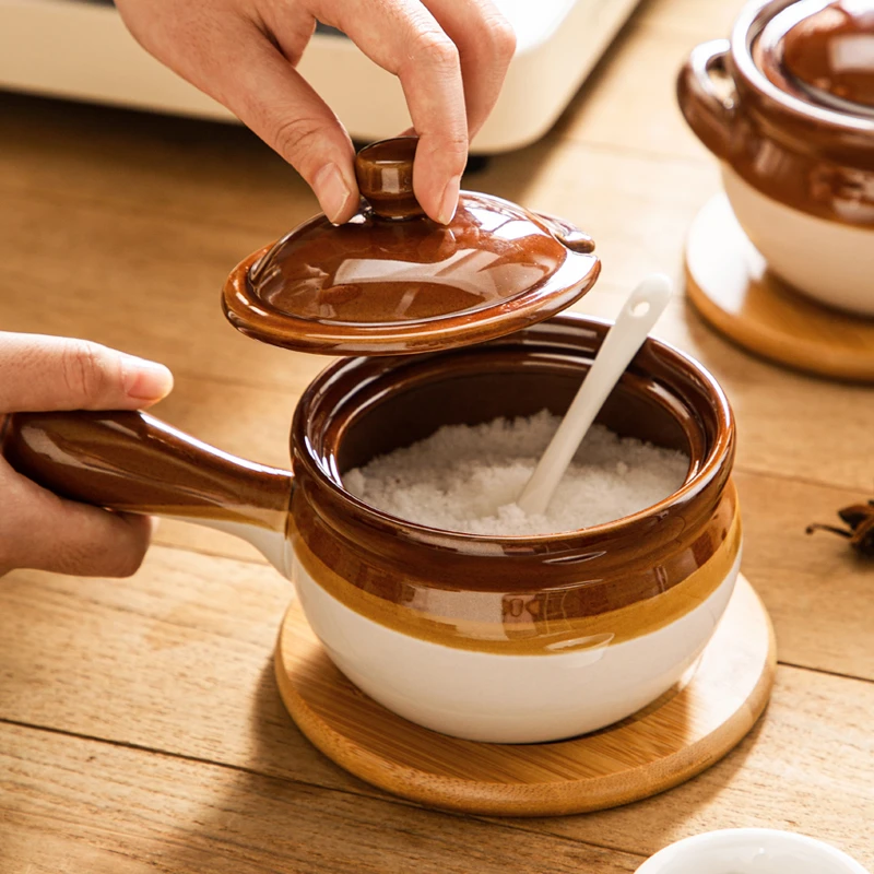 多美然厨房带把手陶瓷盐罐家用猪油罐耐高温辣椒罐调味罐调料罐