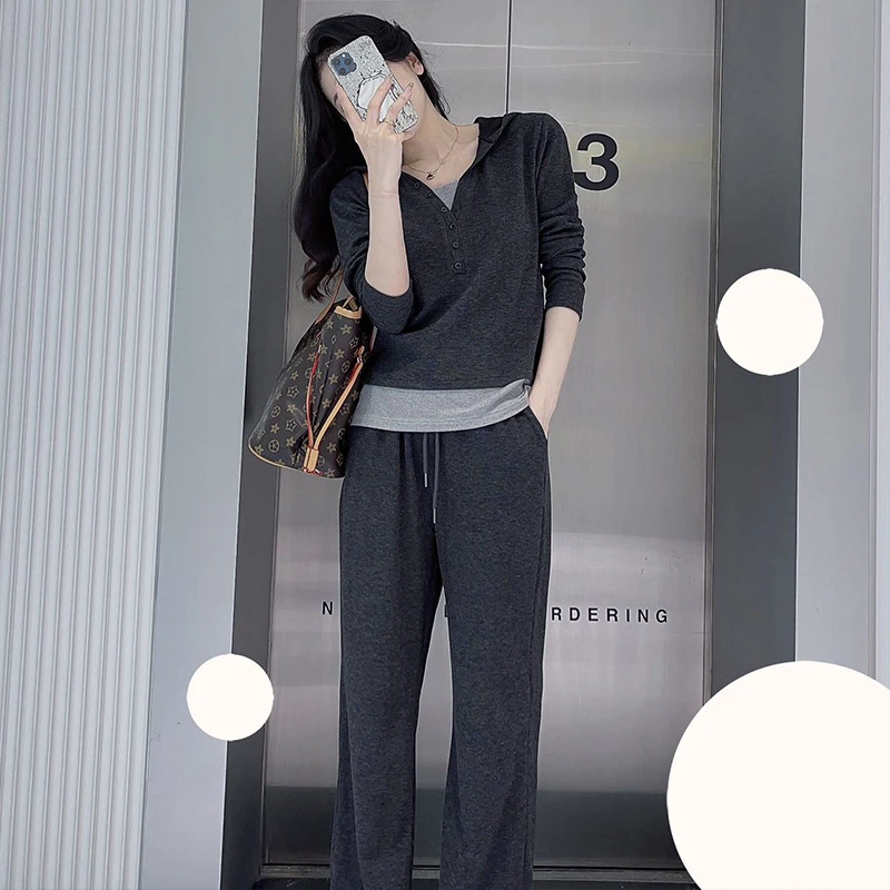 网红休闲运动套装女秋冬季连帽卫衣慵懒风糯米阔腿裤两件套潮