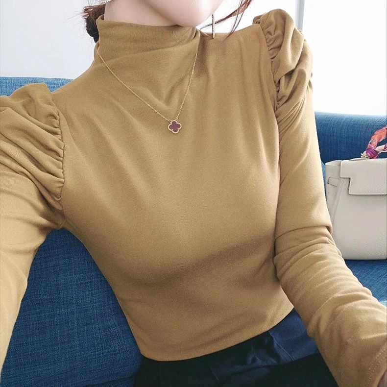 【粉丝专享】半高领打底衫女内搭外穿长袖T恤新款保暖泡泡袖上衣
