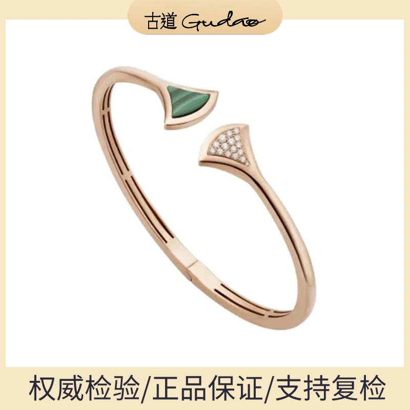99新 BVLGARI/宝格丽 dream系列镶钻孔雀石绿扇子手镯全套