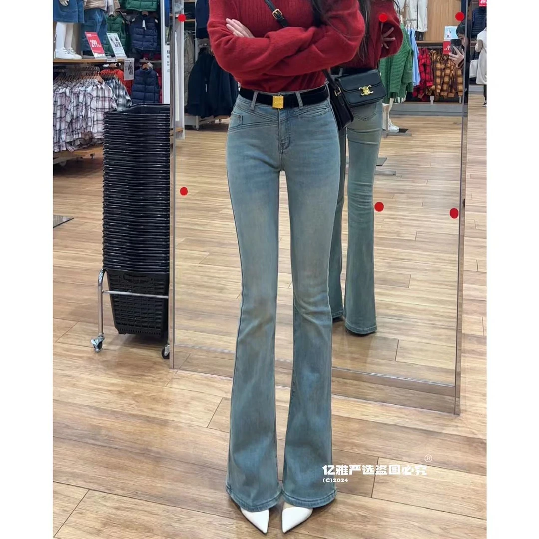 6697春秋复古高腰紧身气质显瘦修身弹力微喇叭牛仔裤牛仔喇叭裤