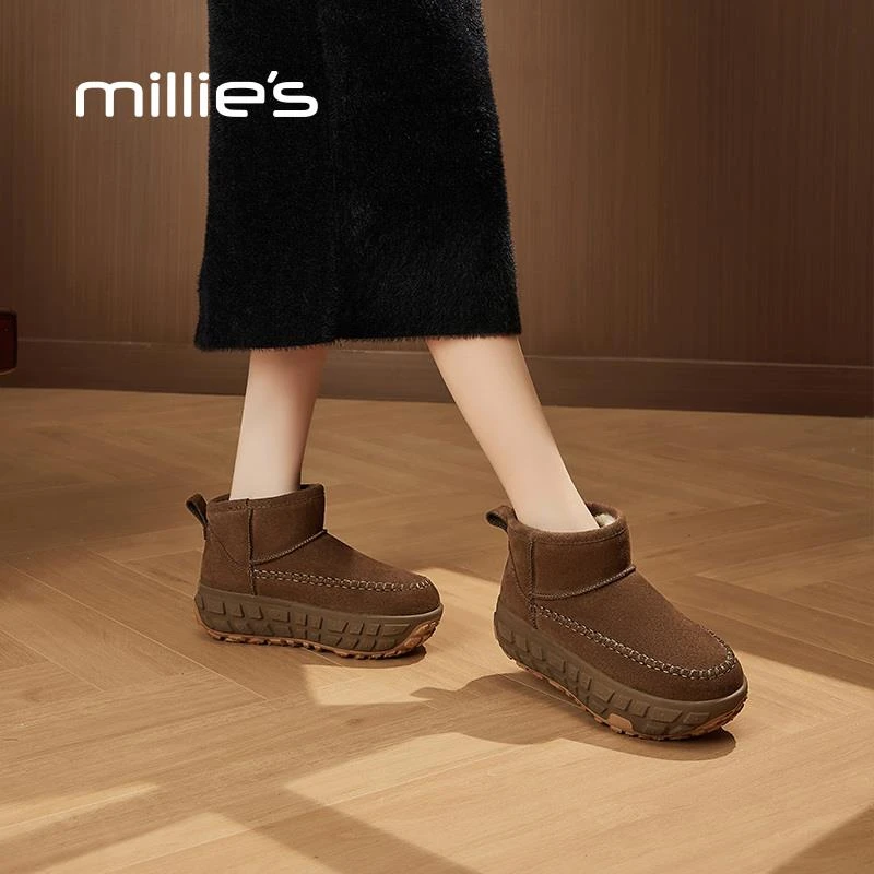 妙丽厚底时尚雪地靴女2025冬季新款加绒加厚百搭简约休闲短筒靴