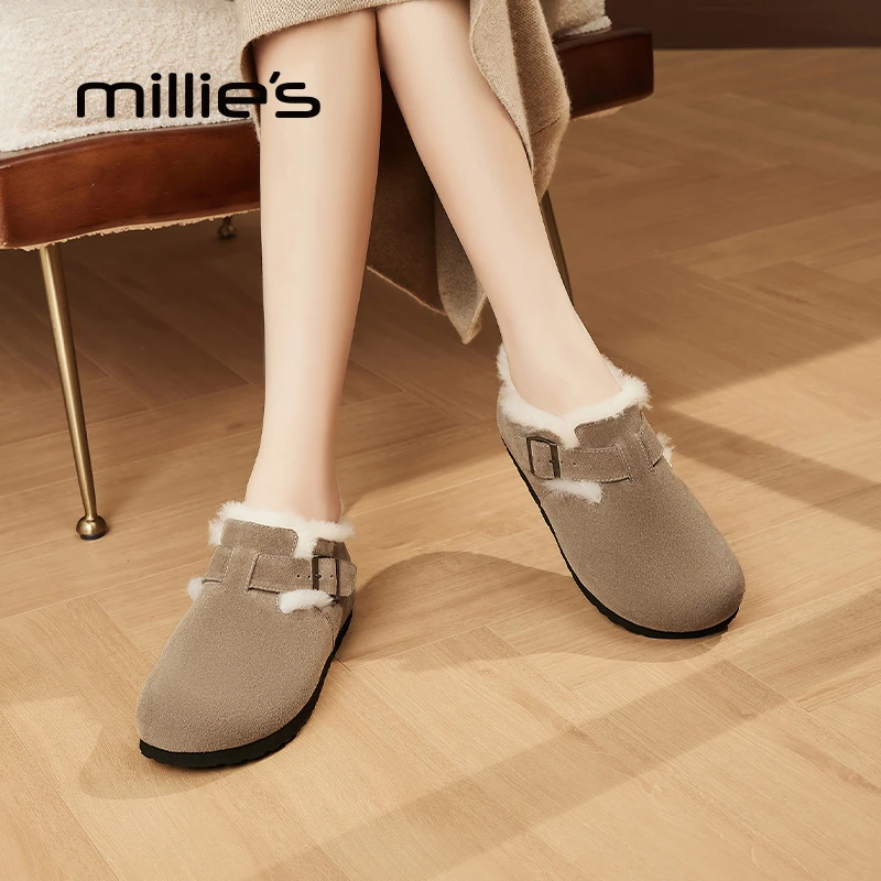 妙丽气质休闲勃肯鞋女2025秋冬新款加绒加厚保暖大棉鞋真皮毛毛鞋