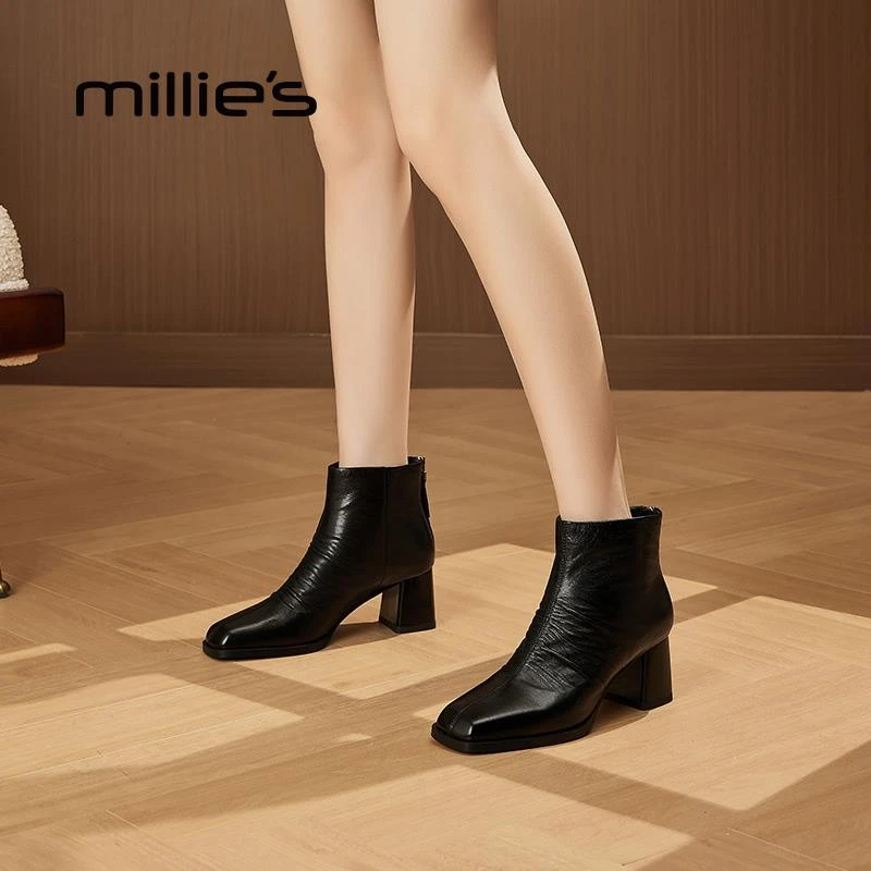 妙丽复古高跟皱皱靴2025秋冬新款加绒加厚通勤百搭粗跟短靴马丁靴