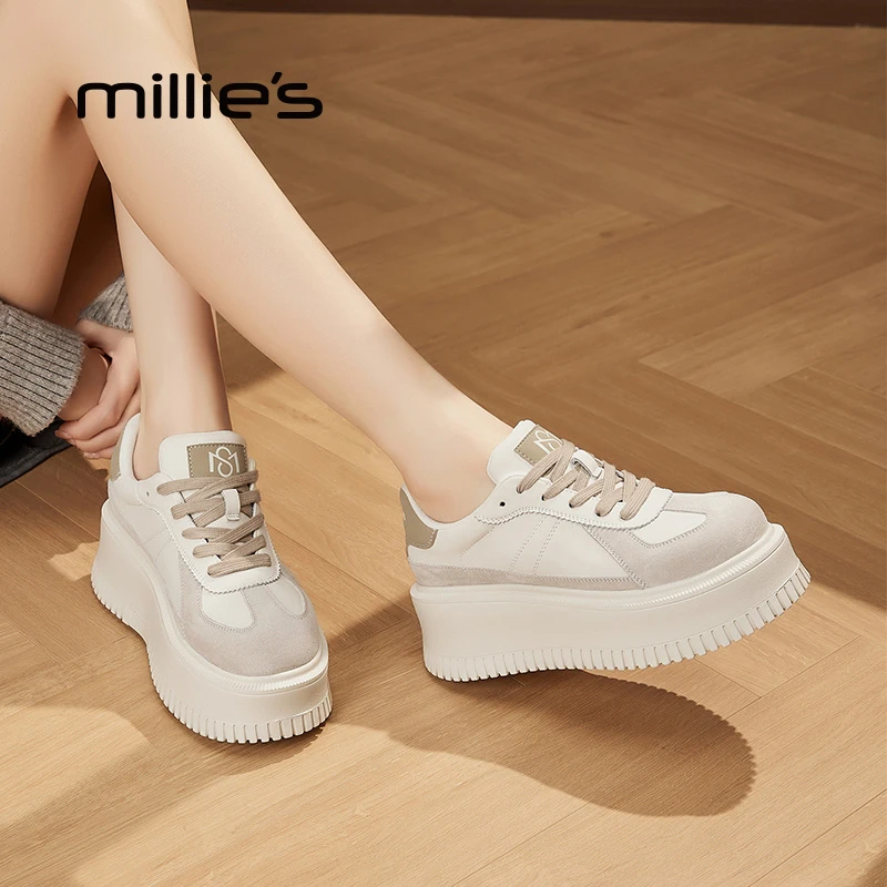 妙丽牛皮松糕厚底小白鞋女小个子增高板鞋品牌爆款休闲鞋秋季女鞋