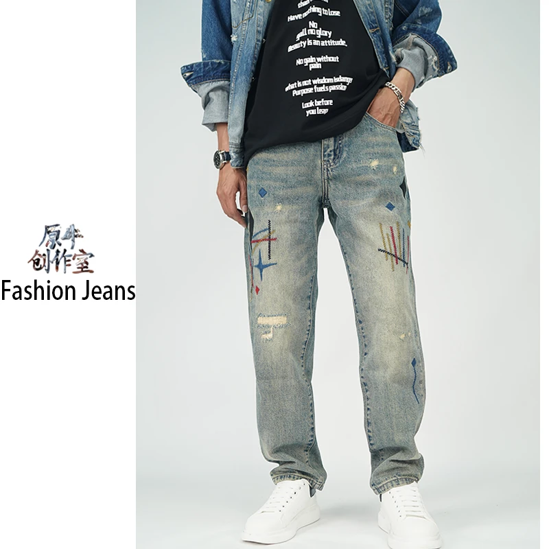 新款美式重工刺绣直筒牛仔裤男高街潮牌复古宽松休闲男牛仔裤长裤
