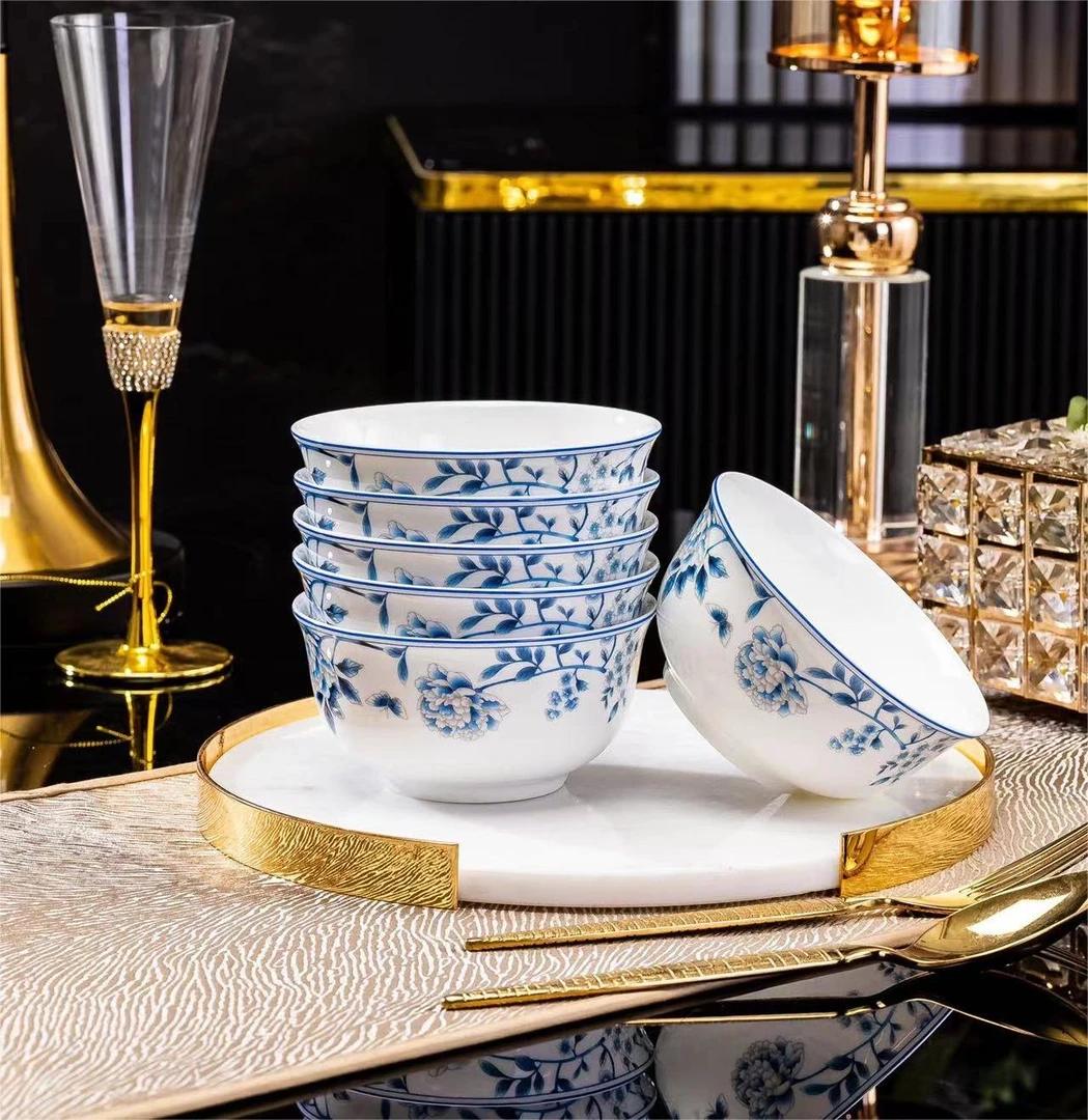 [青花金钟碗]4.5英寸平脚10只装关注赠2个景德镇骨瓷防烫碗餐具