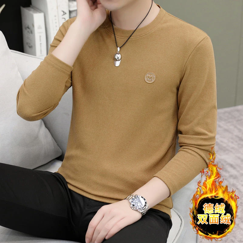 秋冬季男士德绒打底衫圆领修身纯色百搭保暖上衣双面绒长袖内搭潮