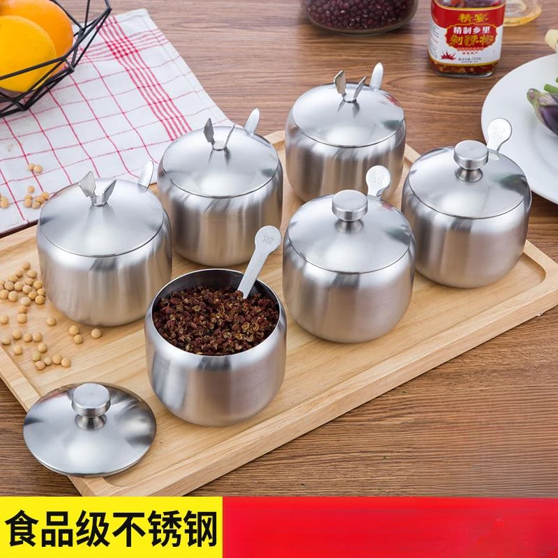 欧式不锈钢调料盒单带勺调味罐盐罐辣椒油罐 创意厨房用品