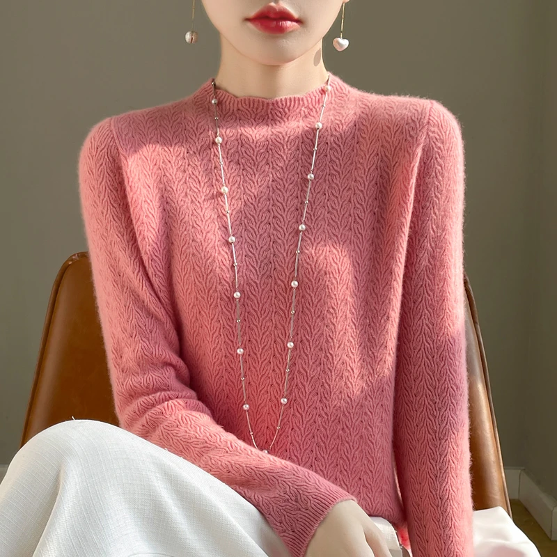 100纯澳洲美丽奴羊毛精致花边半高领镂空时尚百搭纯色秋冬羊毛衫