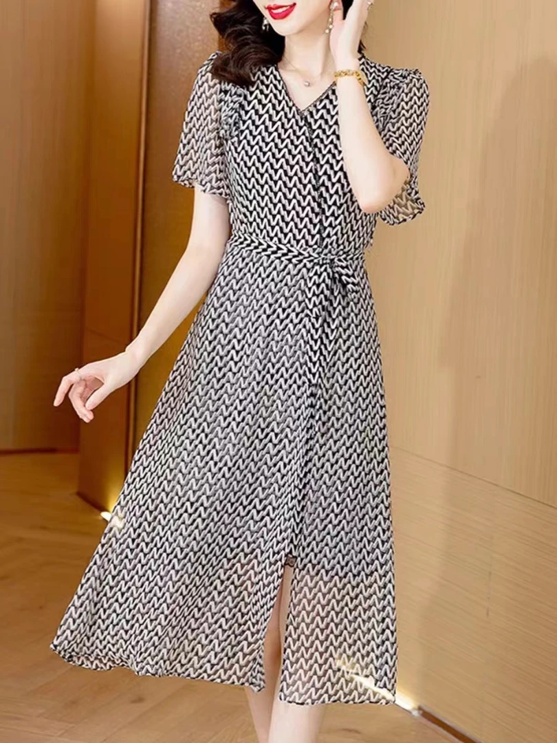 【YM1290】夏装新款时尚收腰显瘦印花长款连衣裙