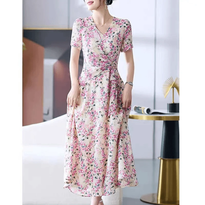 【YY592】夏装新款时尚收腰显瘦碎花中长款连衣裙