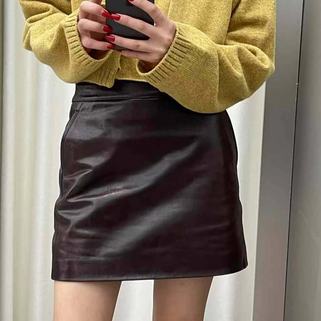 GUDDLABB油蜡感红棕短皮裙LAB042AQS027