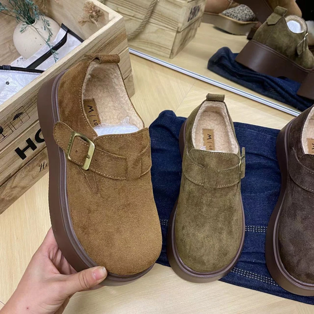 【真皮】欧洲站爆款松糕厚底加绒勃肯棉鞋女款2024新款小个子增高