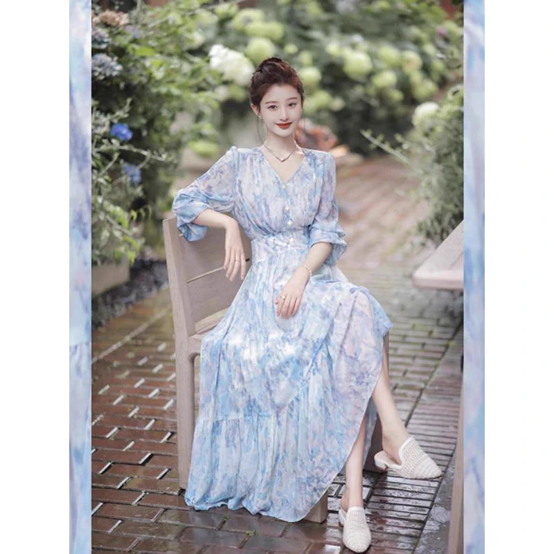 苏陌【蓝悠裙】温柔风气质飘逸垂感印花浪漫灯笼袖V领裙薄荷漫波裙