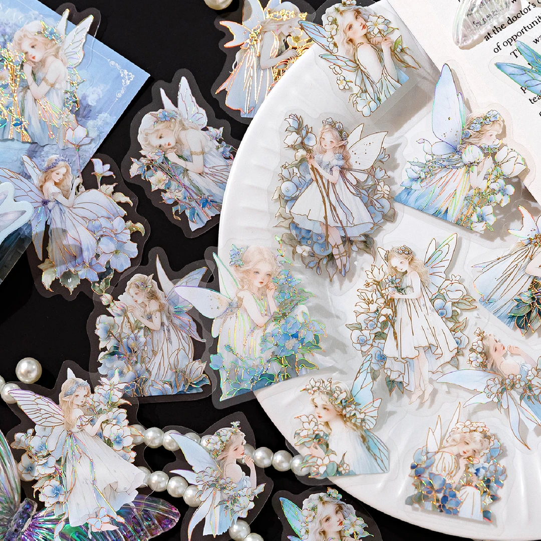 陌墨PET立体烫金贴纸包 花间精灵 防水精灵少女素材咕卡手帐贴