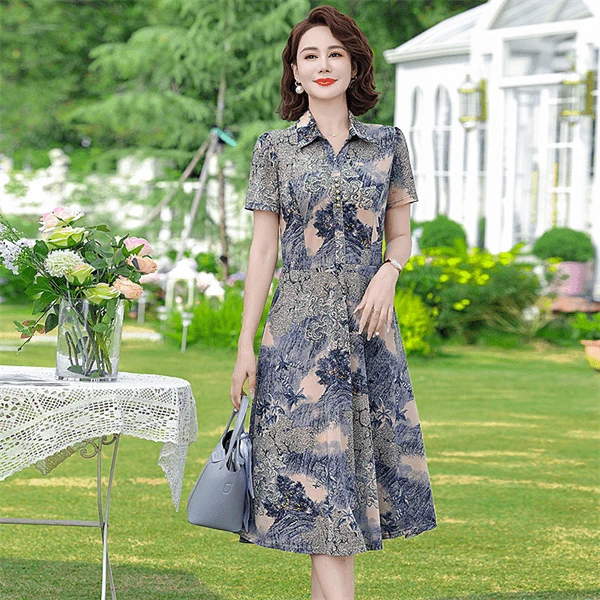 H359夏季翻领显瘦过膝连衣裙时尚百搭气质妈妈修身印花女装连衣裙