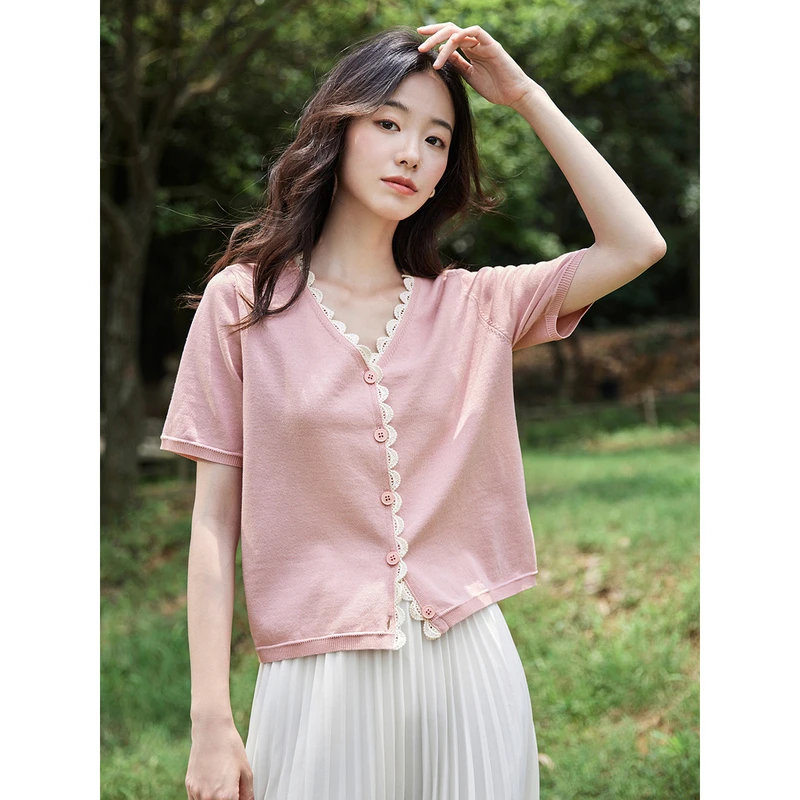 茵曼夏季女毛针织衫上衣开衫新款短袖宽松薄款V领时尚百搭反季