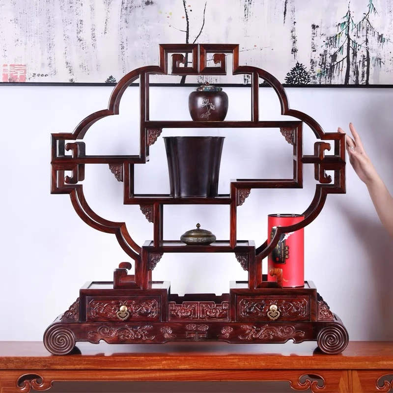 红大海棠博古架桌面书房摆件中式