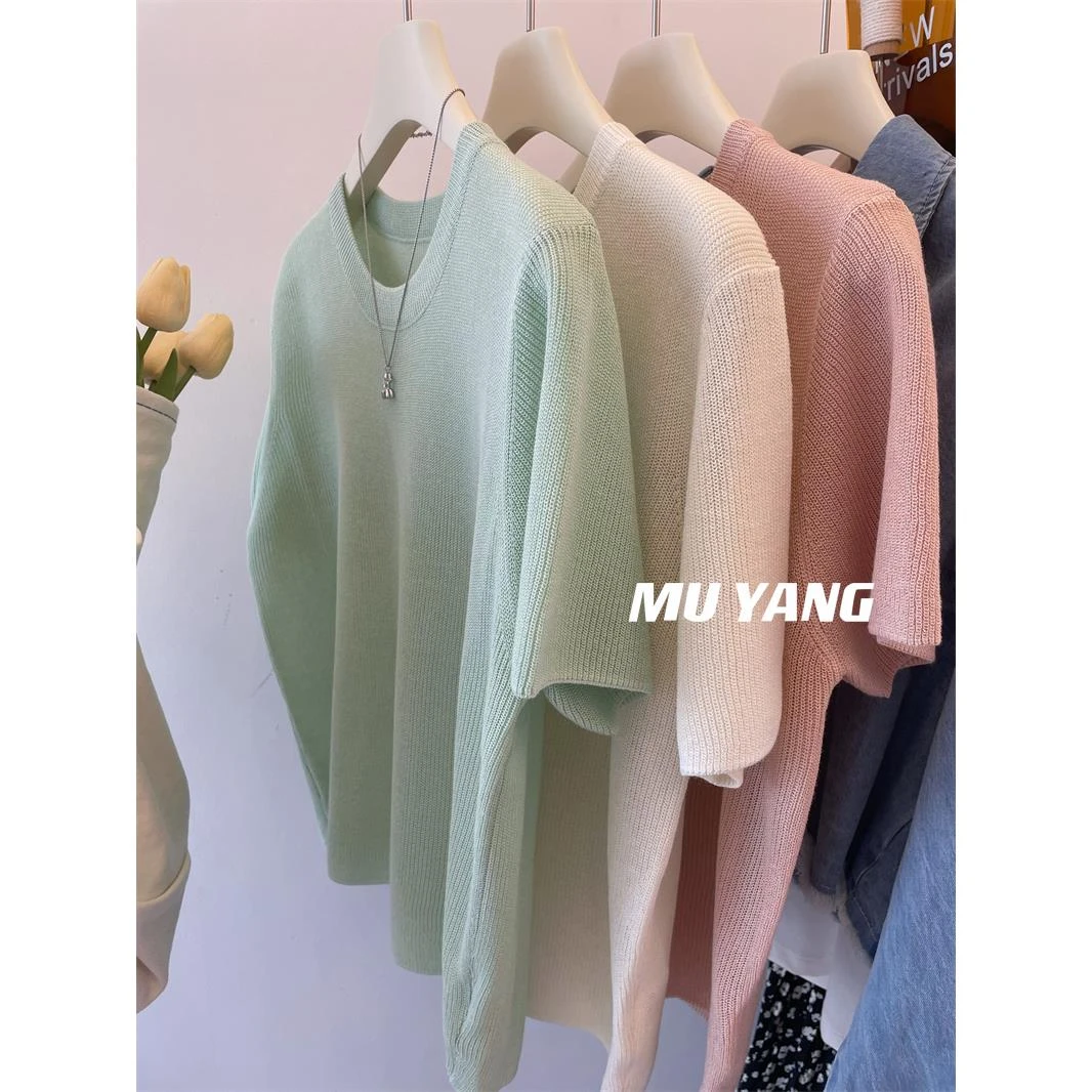 MUYANG 巨推 舒服凉凉感！2024夏日透气冰丝短袖针织衫圆领上衣女