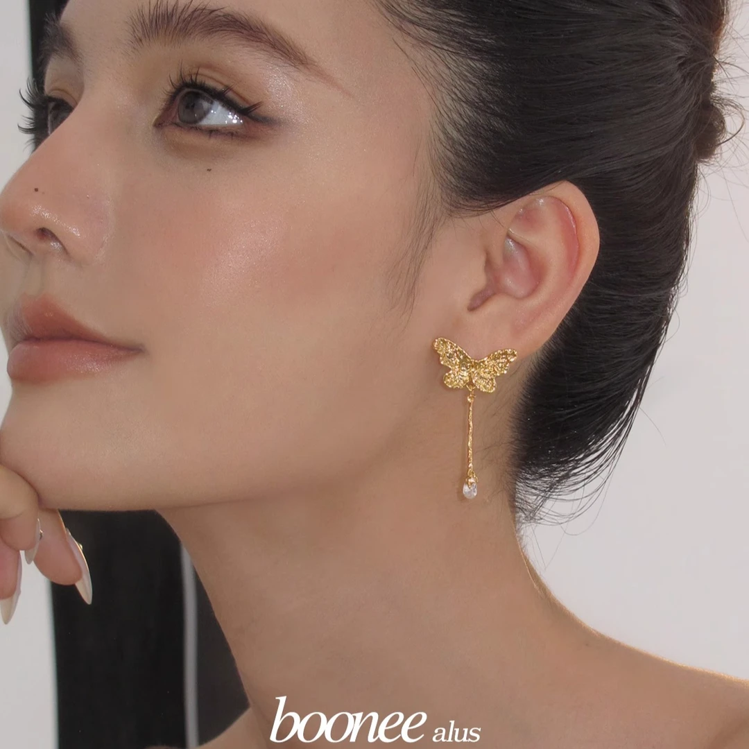 boonee alus 铜合金锆石耳饰 轻奢蝴蝶锆石灵动百搭长耳环耳钉女