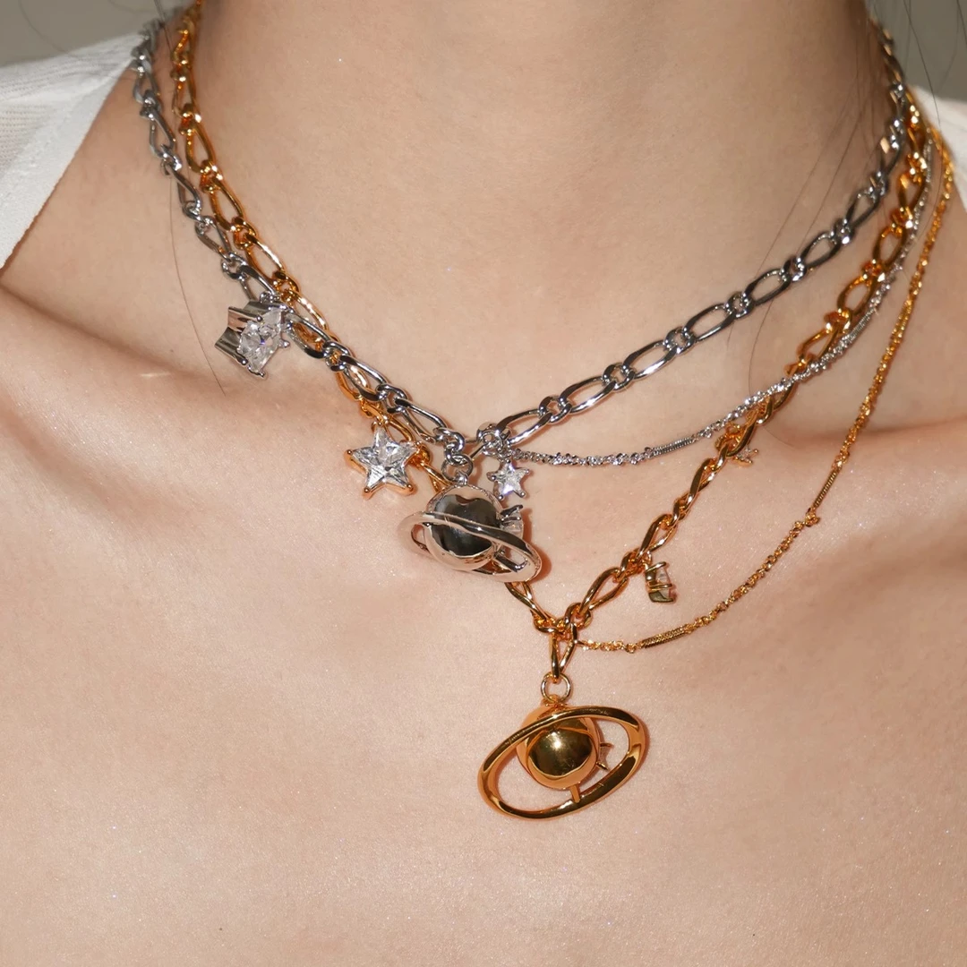 boonee alus 铜合金项链 叠戴个性土星百搭小众拼接锁骨链项链