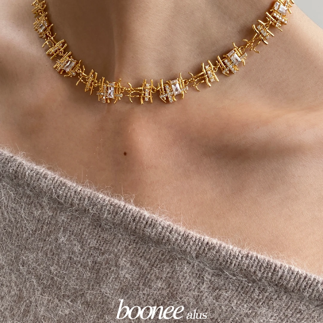 boonee alus 铜合金合成锆石项链 复古编织项链配毛衣中古毛衣链