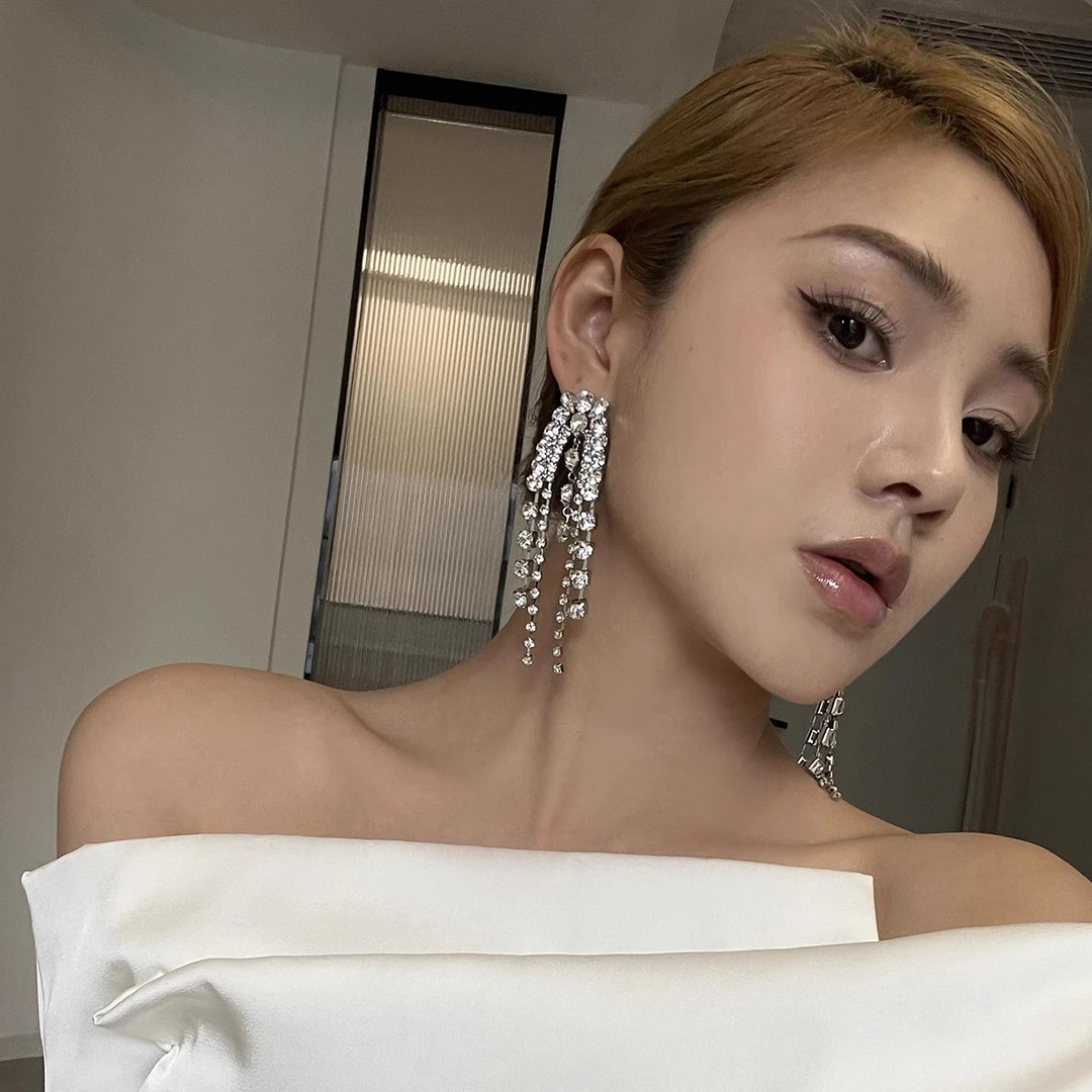 boonee alus 铜合金锆石耳饰 高级感ins钻链流苏耳环修饰脸型耳饰