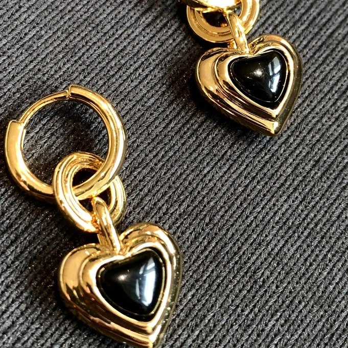 boonee alus 铜合金合成锆石耳饰 双层可拆戴黑色爱心耳环女耳饰