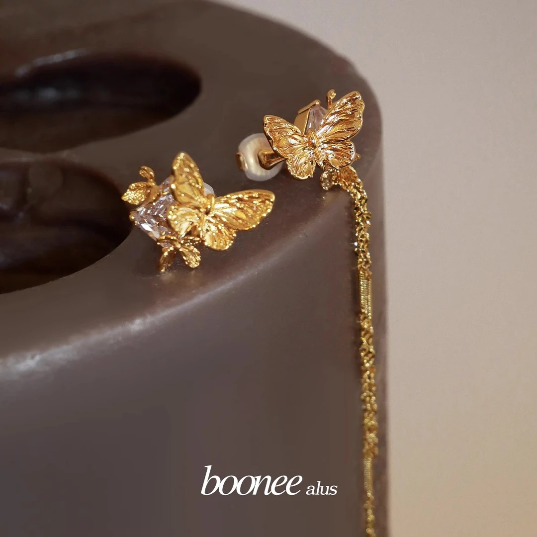 boonee alus 铜合金合成锆石耳饰 不对称蝴蝶花朵无耳洞耳夹