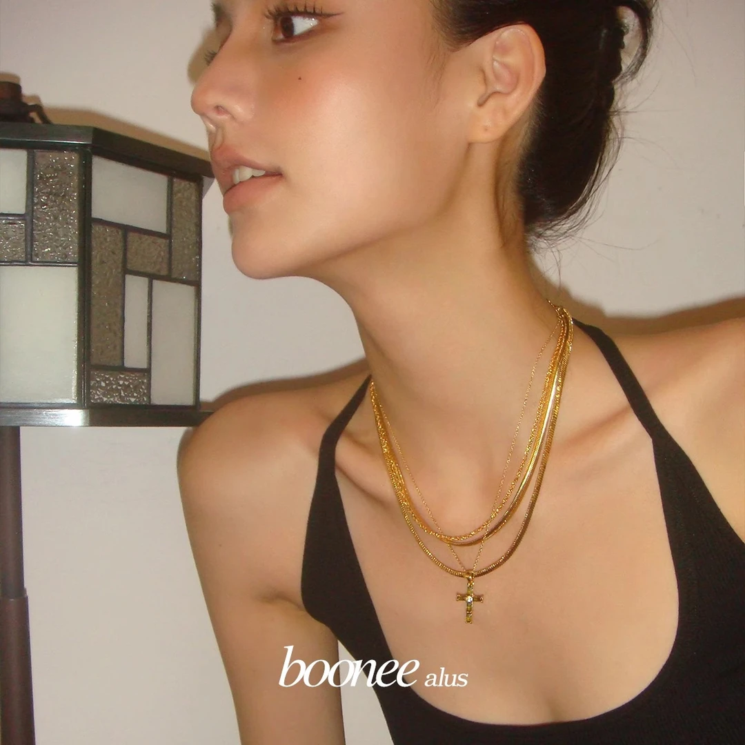 boonee alus 铜合金项链 小众设计双层叠戴橄榄绿十字架吊坠项链