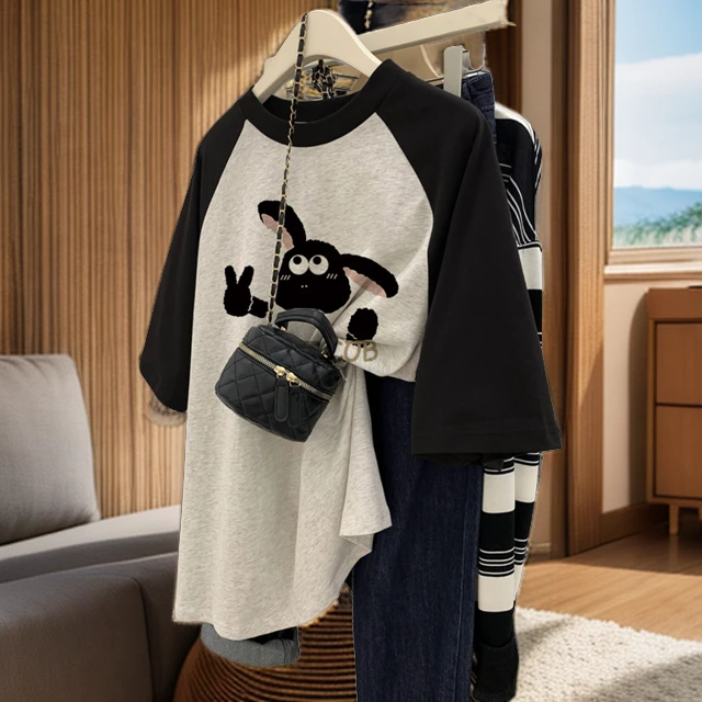 孕妇装卡通大码T恤女夏季新款复古撞色插肩上衣宽松短袖打底衫