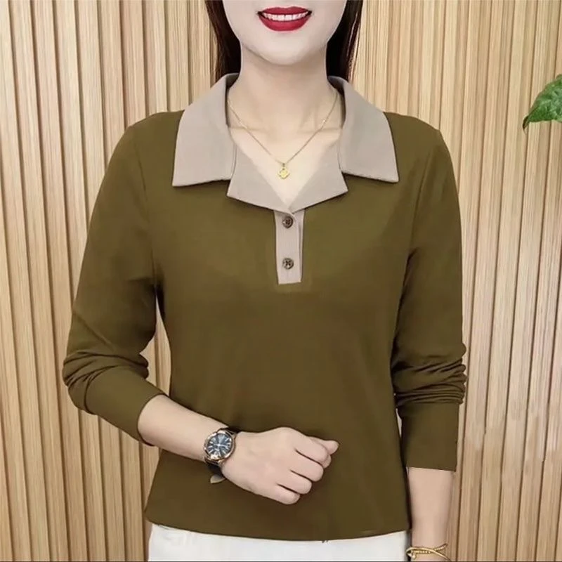 带领T恤女长袖春秋新款体恤时尚POLO衫妈妈装遮肉上衣外穿打底衫