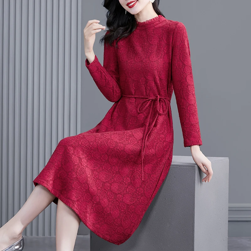 KA222763贵夫人高端加厚红色连衣裙2022秋冬新款法式气质长款裙子