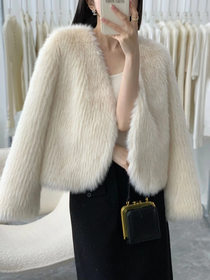 潮牌新款气质名媛风INS风长毛毛欧貂绒外套短款女【88652】女生