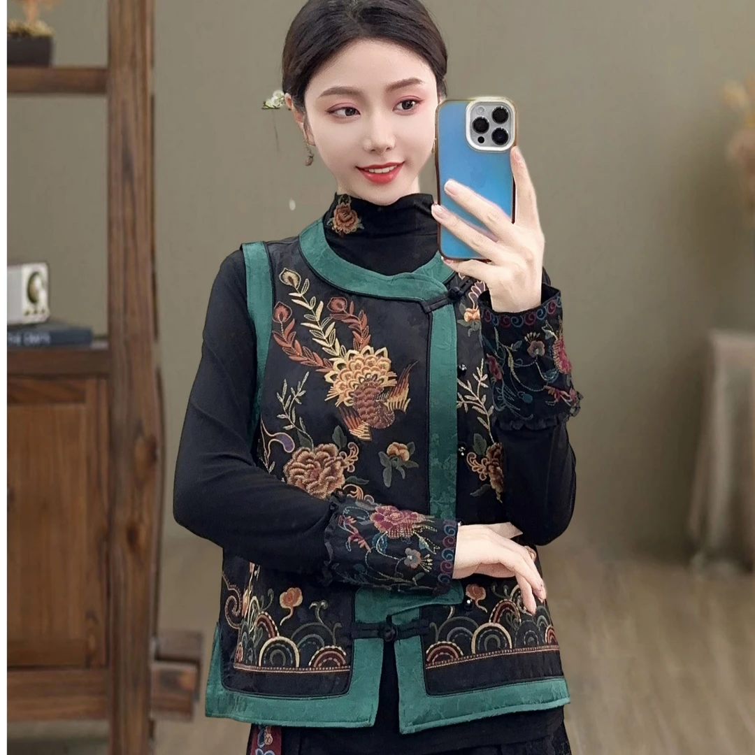 [艺美]（古瑜）秋季新款民族风复古重工刺绣缎面马甲中式坎肩